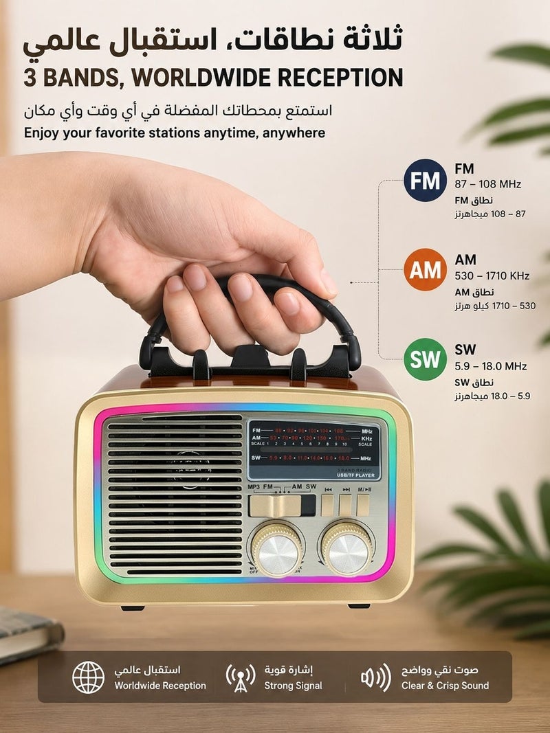راديو محمول بتصميم عتيق بنقشة الخشب، راديو أمواج قصيرة AM/FM/SW مع مكبر صوت بتقنية البلوتوث، راديو عتيق قابل لإعادة الشحن يدعم تشغيل ملفات MP3 من خلال منفذ USB وبطاقة TF، إضاءة بألوان RGB ومصباح يدوي للاستخدام داخل المنزل وخارجها وفي التخييم - Image 2