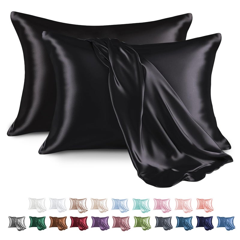 MR&HM Satin Pillowcase for Hair and Skin, Silk Satin Pillowcase 2 Pack, Queen Size Pillow Cases Set of 2, Silky Pillow Cover with Envelope Closure (20x30, Black) - Image 1
