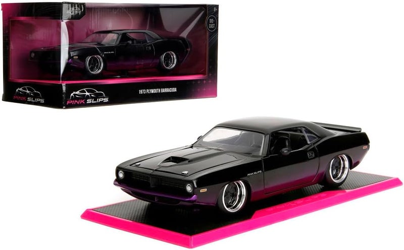 JADA Toys Pink Slips 1973 Plymouth Cuda Die-Cast Car with Base, Toys for Kids and Adults – 1:24 Scale, Black - Image 1