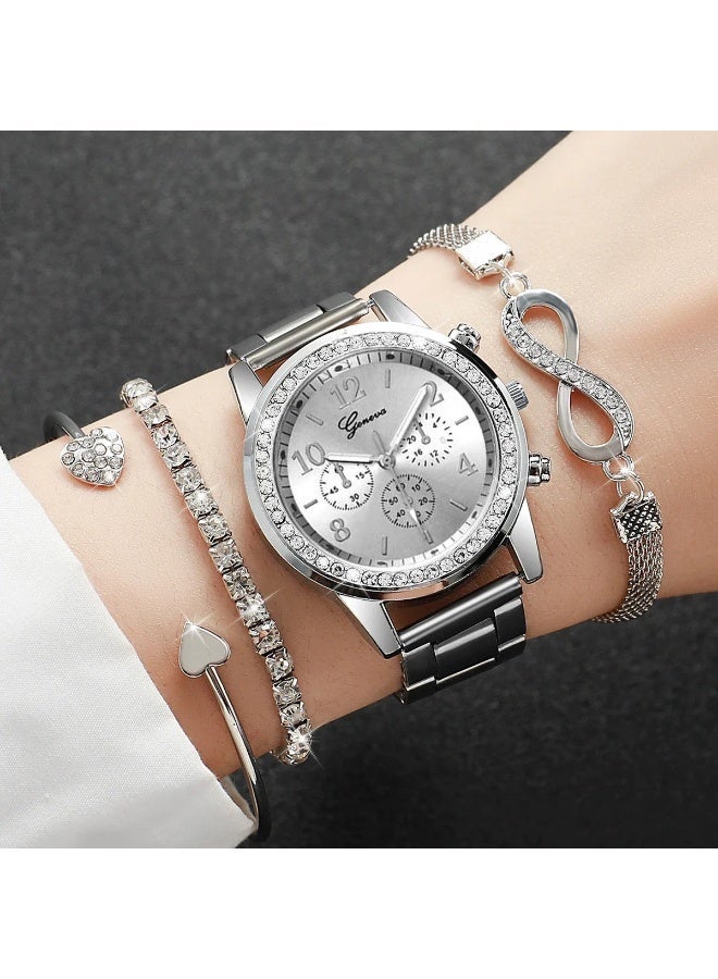 Geneva 4-Piece Women’s Casual Luxury Set (Quartz Watch & Bracelets) Made Of 14K Gold-Plated Stainless Steel (Silver) - Image 1