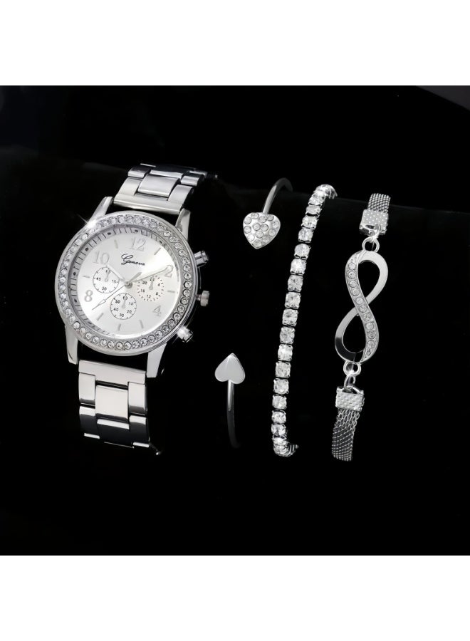 Geneva 4-Piece Women’s Casual Luxury Set (Quartz Watch & Bracelets) Made Of 14K Gold-Plated Stainless Steel (Silver) - Image 2