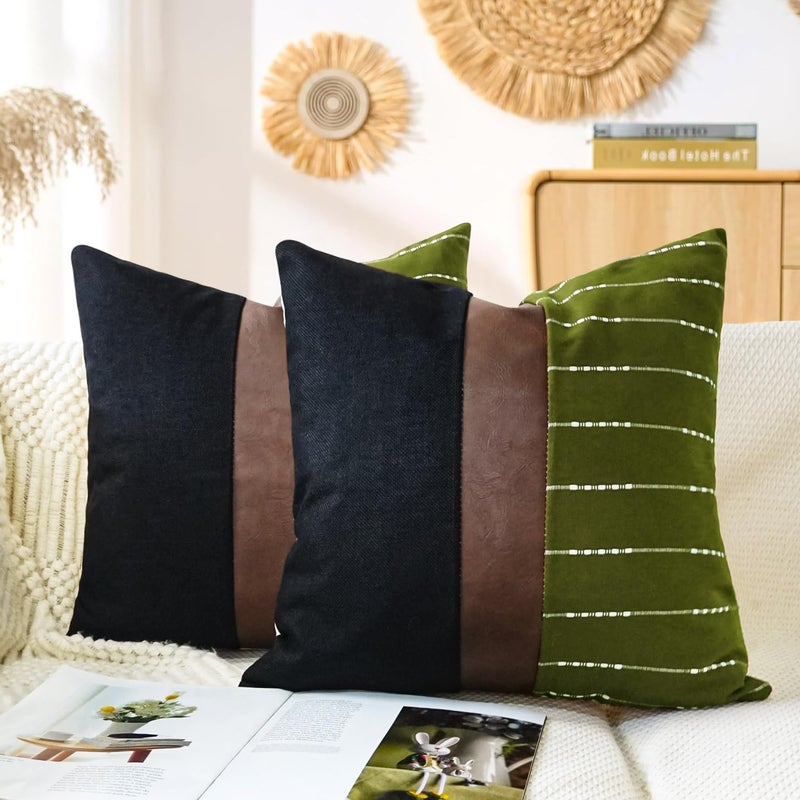 cygnus Decorative Pillow Covers 18x18,Black Linen and Striped Throw Pillow Covers with Dark Brown Faux Leather Accent,Boho Farmhouse Square Cushion for Couch Sofa Livingroom,Olive Green - Image 2