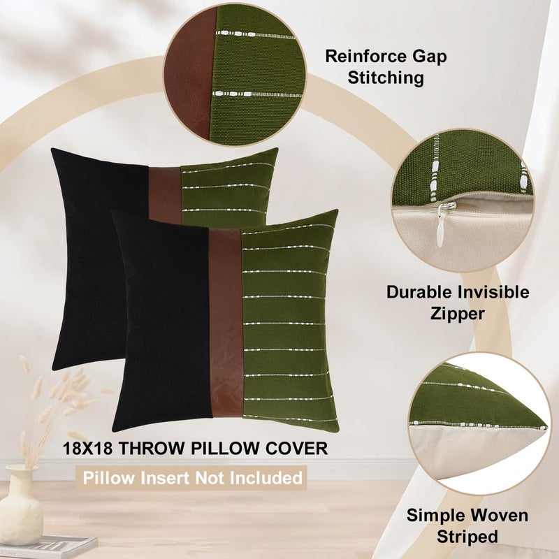 cygnus Decorative Pillow Covers 18x18,Black Linen and Striped Throw Pillow Covers with Dark Brown Faux Leather Accent,Boho Farmhouse Square Cushion for Couch Sofa Livingroom,Olive Green - Image 3