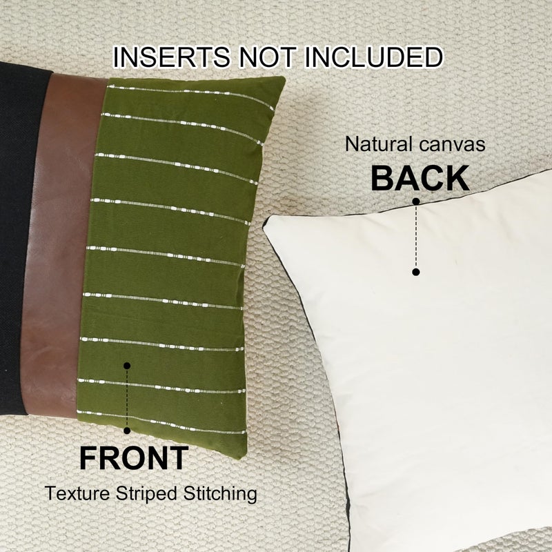 cygnus Decorative Pillow Covers 18x18,Black Linen and Striped Throw Pillow Covers with Dark Brown Faux Leather Accent,Boho Farmhouse Square Cushion for Couch Sofa Livingroom,Olive Green - Image 4