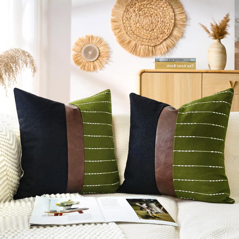 cygnus Decorative Pillow Covers 18x18,Black Linen and Striped Throw Pillow Covers with Dark Brown Faux Leather Accent,Boho Farmhouse Square Cushion for Couch Sofa Livingroom,Olive Green - Image 1