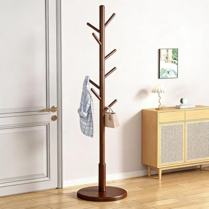 Coat Rack Stand, Freestanding Coat Tree with Solid Round Base and 8 Hooks, Easy Assembly Wooden Coat Hanger, Clothes Rack for Hallway Entryway, Living Room, Bedroom, Office, Brown - Image 1