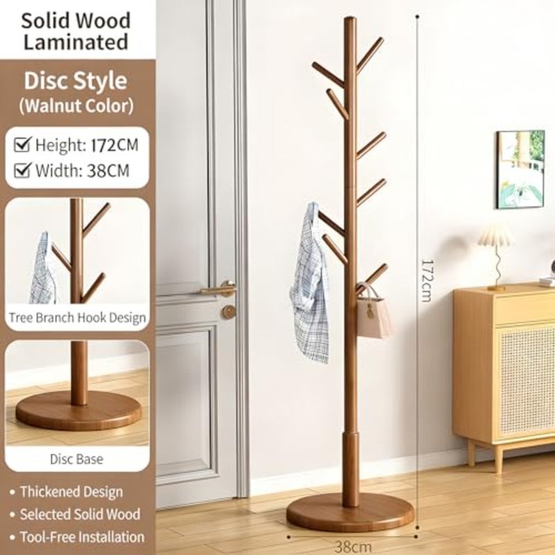 Coat Rack Stand, Freestanding Coat Tree with Solid Round Base and 8 Hooks, Easy Assembly Wooden Coat Hanger, Clothes Rack for Hallway Entryway, Living Room, Bedroom, Office, Brown - Image 2