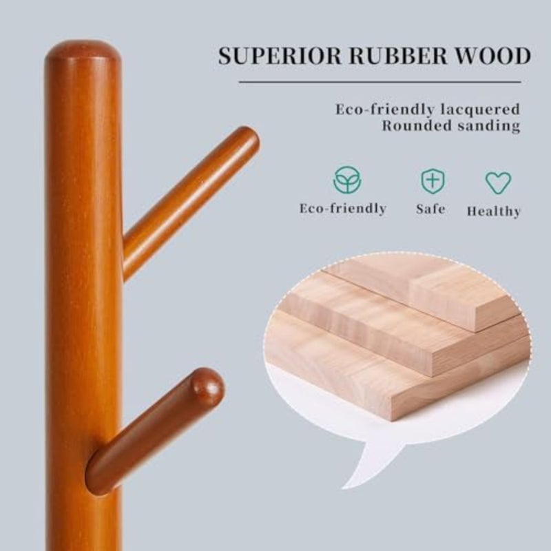 Coat Rack Stand, Freestanding Coat Tree with Solid Round Base and 8 Hooks, Easy Assembly Wooden Coat Hanger, Clothes Rack for Hallway Entryway, Living Room, Bedroom, Office, Brown - Image 3