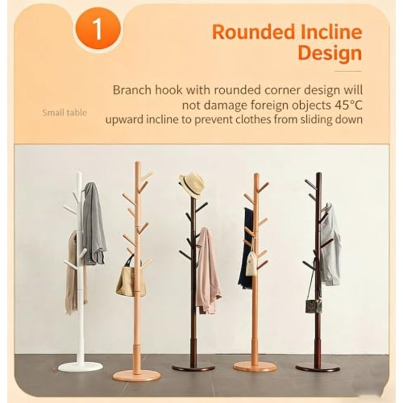 Coat Rack Stand, Freestanding Coat Tree with Solid Round Base and 8 Hooks, Easy Assembly Wooden Coat Hanger, Clothes Rack for Hallway Entryway, Living Room, Bedroom, Office, Brown - Image 4