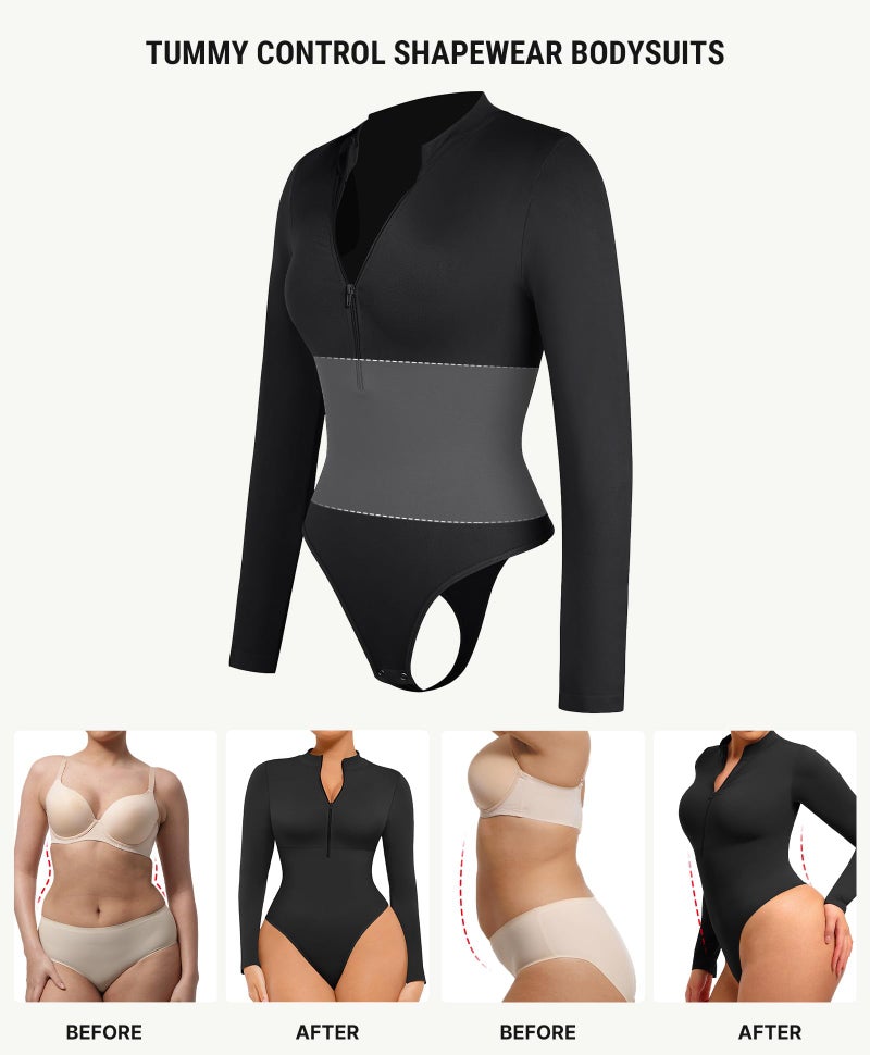 FeelinGirl Black Bodysuit Women Long Sleeve Body Suits Mock Turtle Neck Shirts Zip Up Tummy Control Bodysuit Black XS/S - Image 4