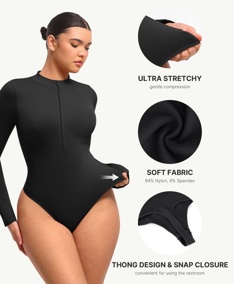 FeelinGirl Black Bodysuit Women Long Sleeve Body Suits Mock Turtle Neck Shirts Zip Up Tummy Control Bodysuit Black XS/S - Image 5