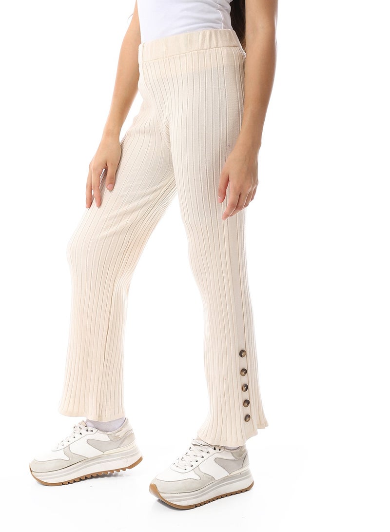 Andora Decorative Side Buttons Ribbed Pants_Beige  - Image 2