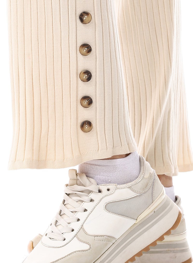 Andora Decorative Side Buttons Ribbed Pants_Beige  - Image 5