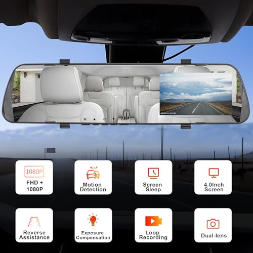 UNITOPSCI Mirror Dash Cam 4 Inch Rear View Mirror Camera 1080P Front and Rear View Dual Cameras with 32G Card, Motion Detection, Night Vision, Parking Assistance, Loop Recording, 24H Parking Monitor - Image 2