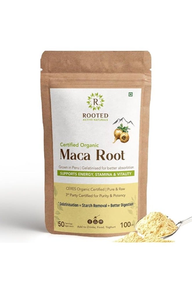 متجذر نشط مسحوق جذر الماكا العضوي من روتيد أكتيف - غذاء خارق من بيرو (خام)، مُهَلَّتَن لسهولة الهضم، غذاء خارق يُستخدم تقليديًا للطاقة، وتوازن الهرمونات، عضوي معتمد، 100 جرام - Image 1