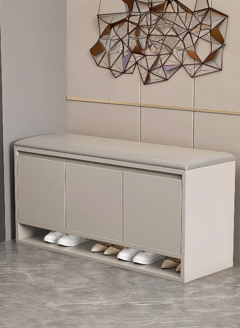 اليسا مقعد خزانة أحذية 3 في 1 للمدخل - مقعد قابل للطي مع مساحة تخزين مخفية، خزائن بثلاثة أبواب مع أرفف قابلة للإزالة، منظم صغير الحجم مع مقعد مبطن - لمسة نهائية عصرية باللون الكاكي - Image 1