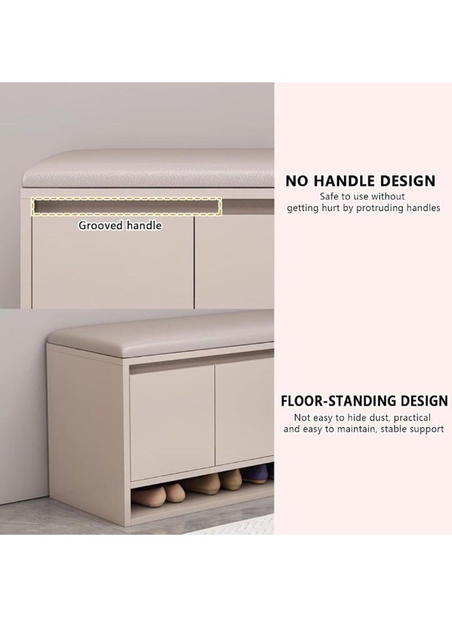 اليسا مقعد خزانة أحذية 3 في 1 للمدخل - مقعد قابل للطي مع مساحة تخزين مخفية، خزائن بثلاثة أبواب مع أرفف قابلة للإزالة، منظم صغير الحجم مع مقعد مبطن - لمسة نهائية عصرية باللون الكاكي - Image 3