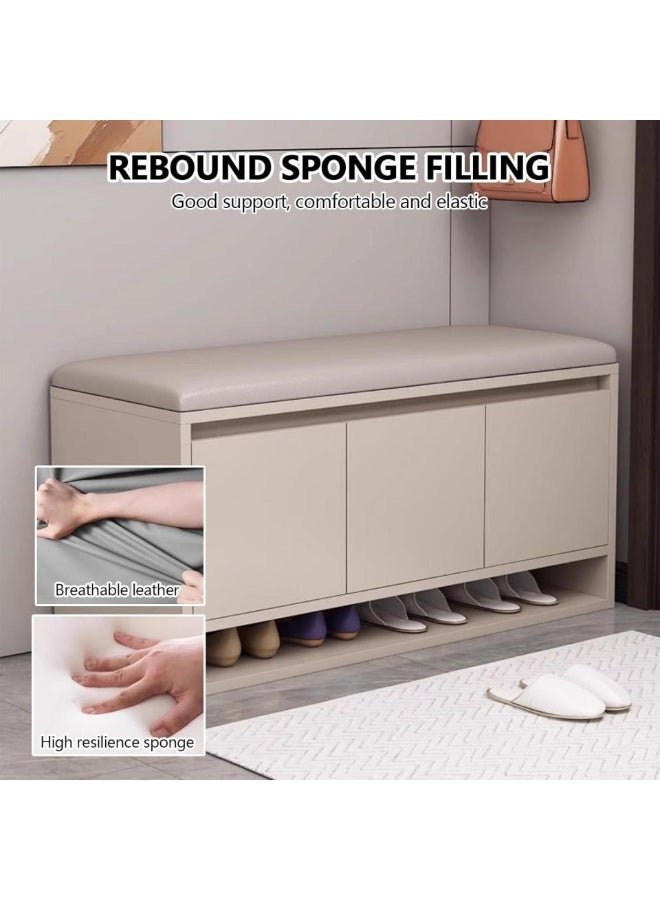 اليسا مقعد خزانة أحذية 3 في 1 للمدخل - مقعد قابل للطي مع مساحة تخزين مخفية، خزائن بثلاثة أبواب مع أرفف قابلة للإزالة، منظم صغير الحجم مع مقعد مبطن - لمسة نهائية عصرية باللون الكاكي - Image 2