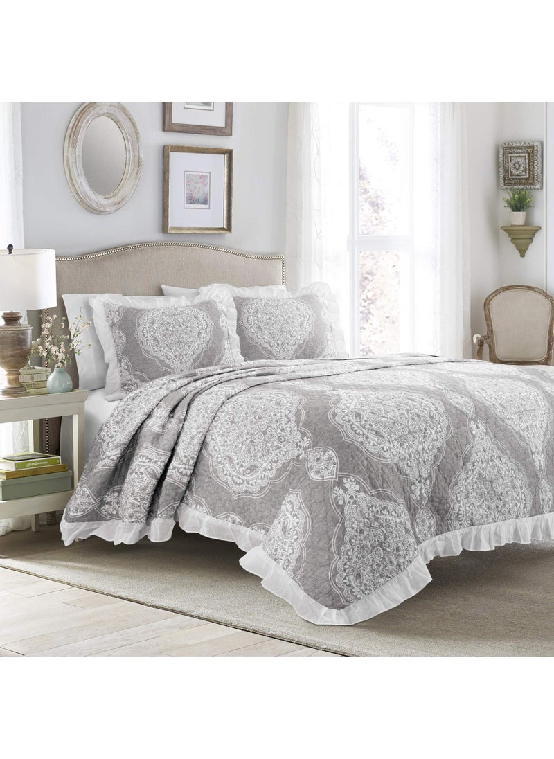 Lush Decor Lush Decor Lucianna Ruffle Edge Cotton 3 Piece Bedspread Set King Gray 