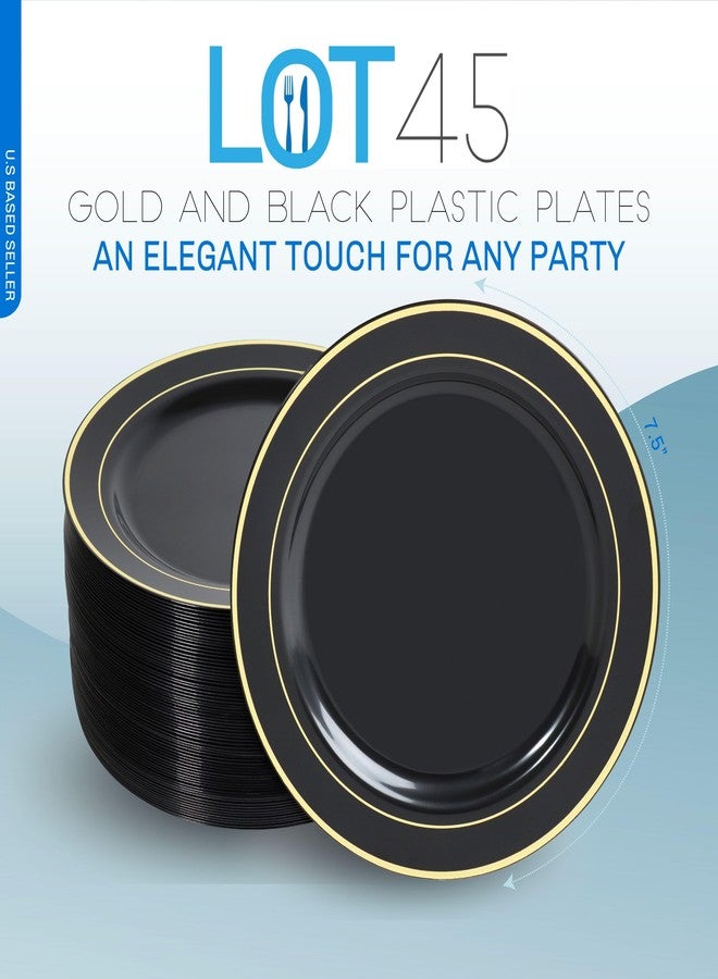 Lot45 Black and Gold Disposable Plates, 100pk - 7.5 Inch Round Plastic Plates with Gold Trim - Elegant Dessert Plates for Weddings, Parties - Image 2