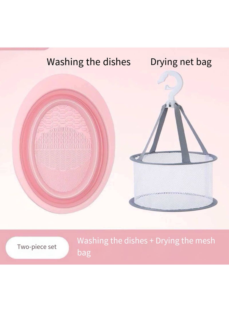2Pcs Makeup Brush Cleaning Set, Silicone Cleaning Mat + Hanging Dry Mesh Basket for Beauty Sponge & Brushes - Image 1