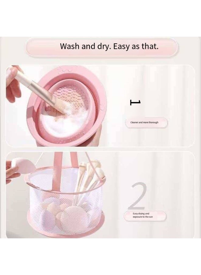 2Pcs Makeup Brush Cleaning Set, Silicone Cleaning Mat + Hanging Dry Mesh Basket for Beauty Sponge & Brushes - Image 2