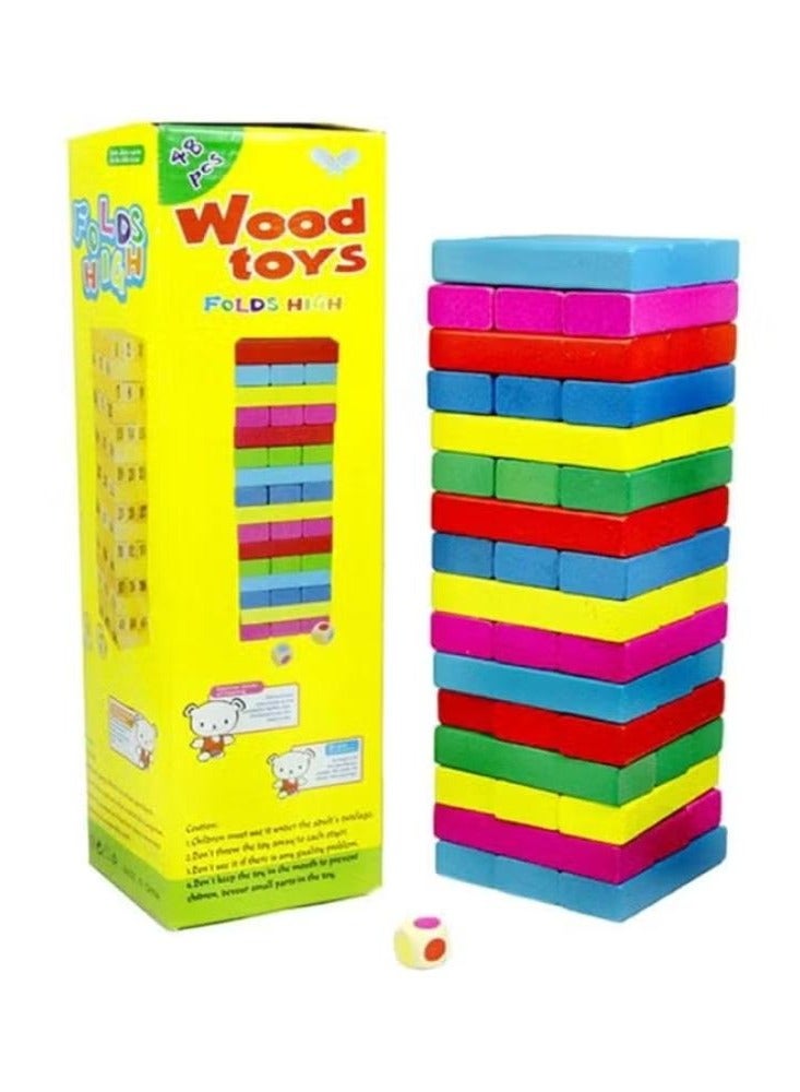48 قطعة من ألعاب البرج الخشبي الملون مع النردات 10x10x10سم