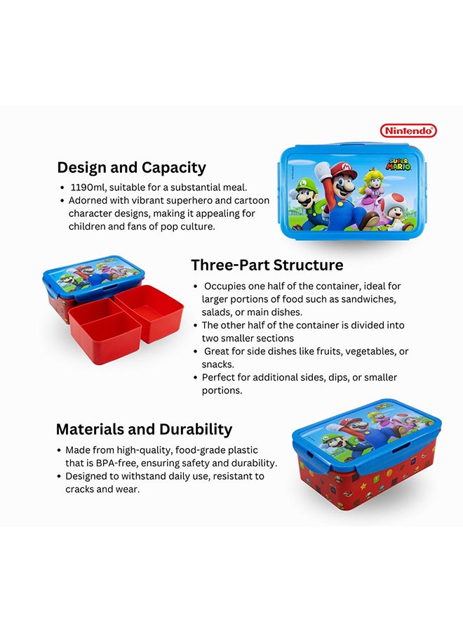 Nintendo حاوية طعام مستطيلة كبيرة بسعة 1190 مل مع أقسام قابلة للإزالة سوبر ماريو  - Image 4