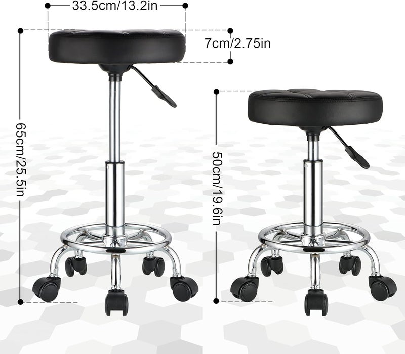 HMTOT Round Rolling Stools PU Leather Seat Height Adjustable Swivel Stool with Wheels Black - Image 3