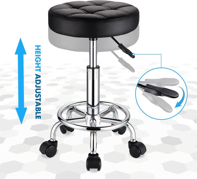 HMTOT Round Rolling Stools PU Leather Seat Height Adjustable Swivel Stool with Wheels Black - Image 5