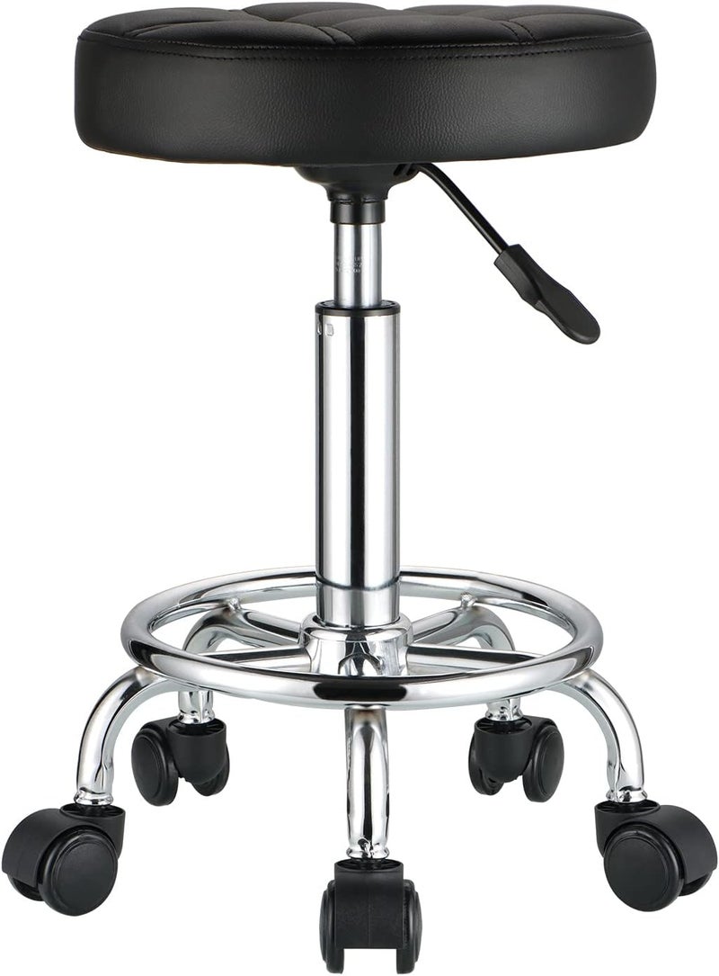 HMTOT Round Rolling Stools PU Leather Seat Height Adjustable Swivel Stool with Wheels Black - Image 4
