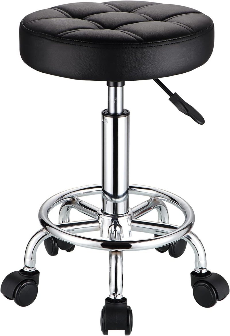 HMTOT Round Rolling Stools PU Leather Seat Height Adjustable Swivel Stool with Wheels Black - Image 1