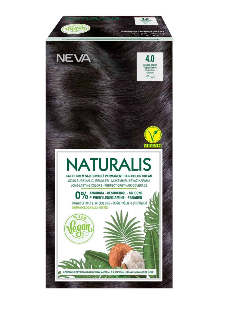 NEVA صبغة شعر NEVA Naturalis الدائمة، نباتية، تغطية 100% للشيب، عضوية، خالية من المواد الكيميائية الضارة، خالية من الأمونيا، تدوم طويلاً - بني غامق - 4.0 - Image 1