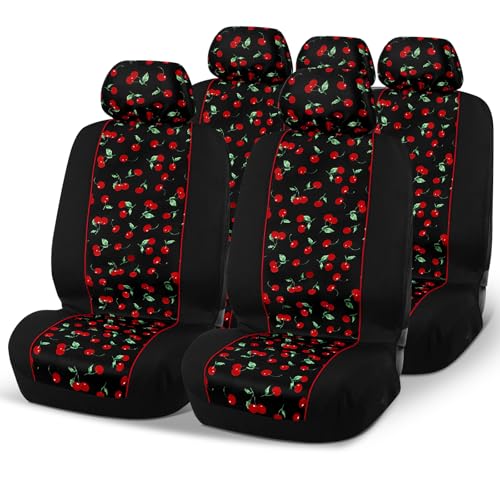 DaisyInner Red Cherry Car Seat Covers Full Set with Matching Headrest Covers Front and Rear Split Bench Fits for Most Cars, Van, Trucks, SUV - Image 1