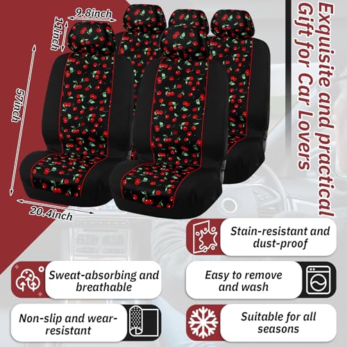 DaisyInner Red Cherry Car Seat Covers Full Set with Matching Headrest Covers Front and Rear Split Bench Fits for Most Cars, Van, Trucks, SUV - Image 2