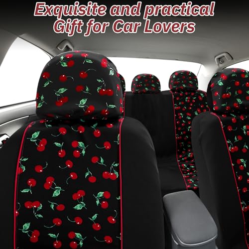 DaisyInner Red Cherry Car Seat Covers Full Set with Matching Headrest Covers Front and Rear Split Bench Fits for Most Cars, Van, Trucks, SUV - Image 3