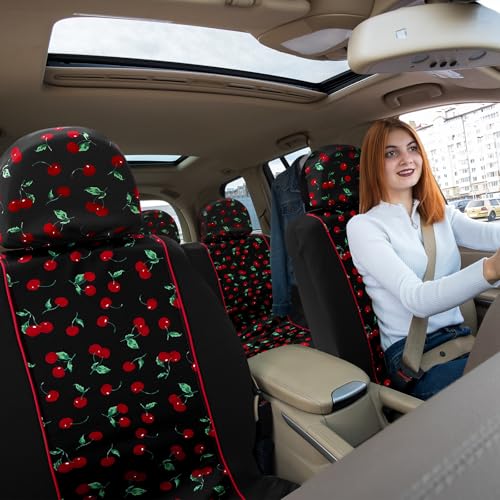 DaisyInner Red Cherry Car Seat Covers Full Set with Matching Headrest Covers Front and Rear Split Bench Fits for Most Cars, Van, Trucks, SUV - Image 4