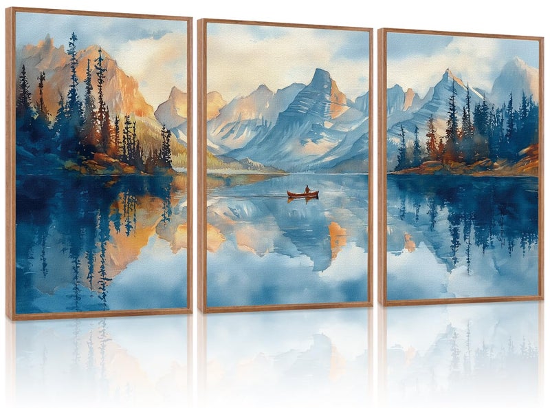 KAIRNE Framed Large Landscape Wall Art,Abstract Forest Prints Paintings,Watercolor Blue Mountain Lake Canvas,Nature Scenery Textured Artwork for Living Room Bedroom Home Office Gallery Decor,16â€X24â€ - Image 1