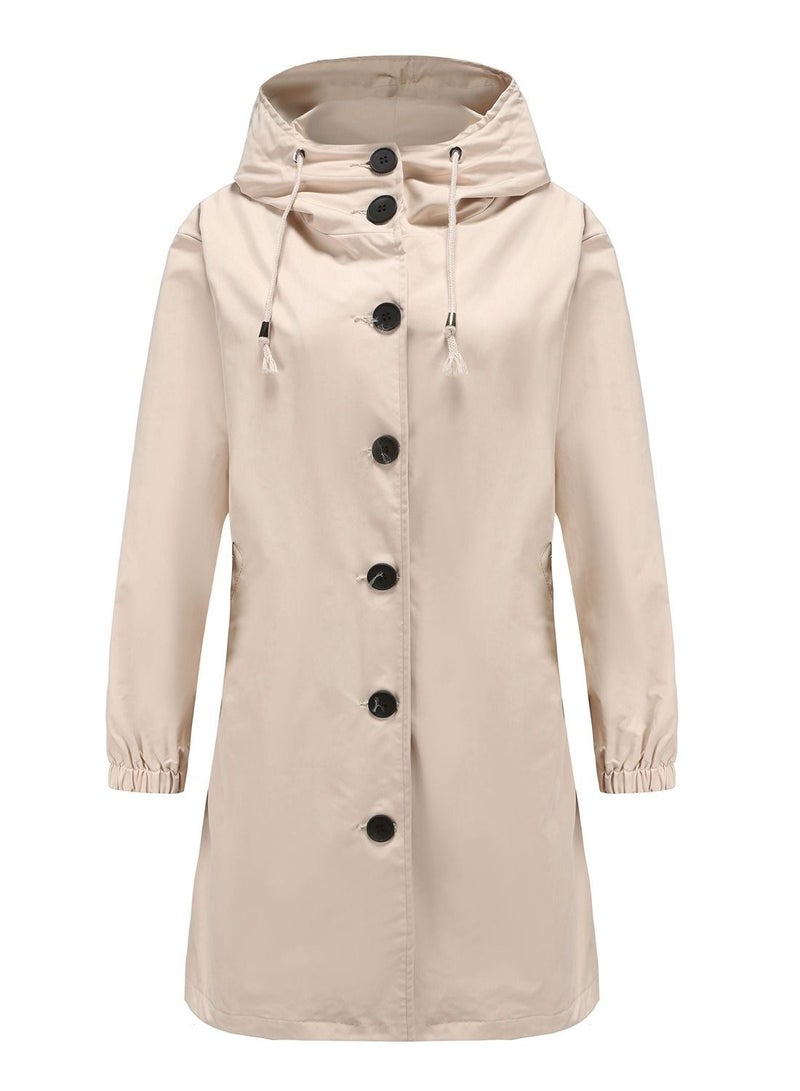 Loquat Women's New Waterproof Hooded Windbreaker Casual Long Coat Apricot  - Image 1