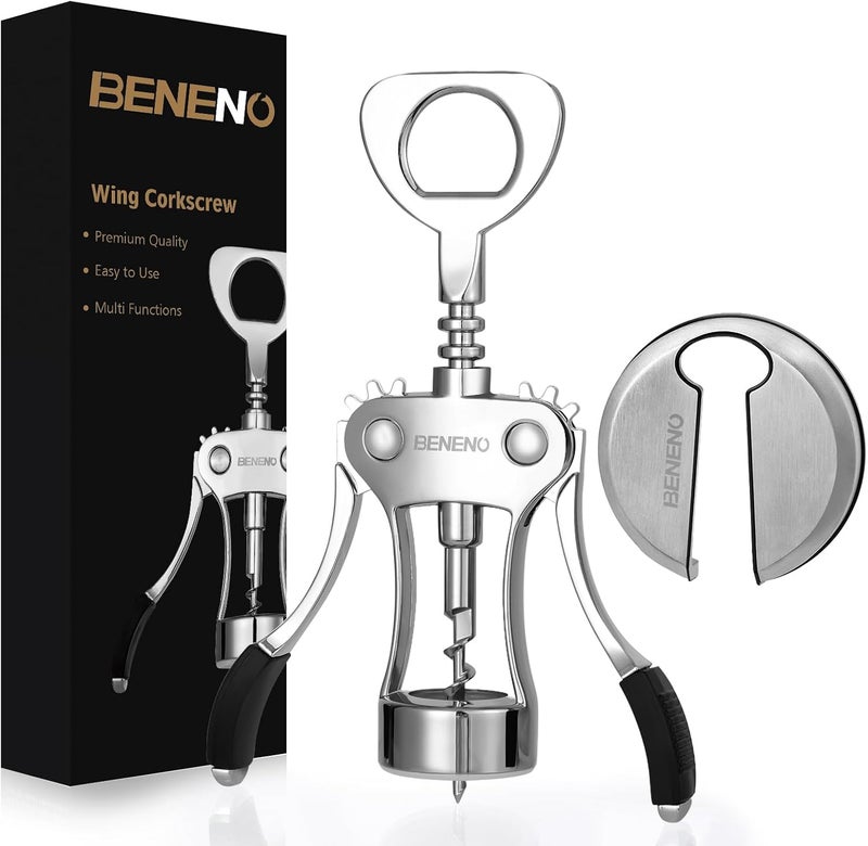 Beneno فتاح نبيذ مع مقص ورق الألومنيوم مصنوع من الفولاذ المقاوم للصدأ، مفتاح زجاجات بأجنحة مصنوع من سبيكة الزنك عالية الجودة، ترقية - Image 1