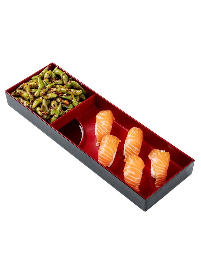 Restaurantware صينية غداء بنتو تيك 13.9 × 4.6 × 1.7 بوصة مع أقسام، صينية غداء يابانية للبالغين - مع 3 أقسام، قابلة لإعادة الاستخدام، بلاستيك أسود وأحمر، صينية وجبة مفصولة، للطعام الساخن والبارد - Image 2