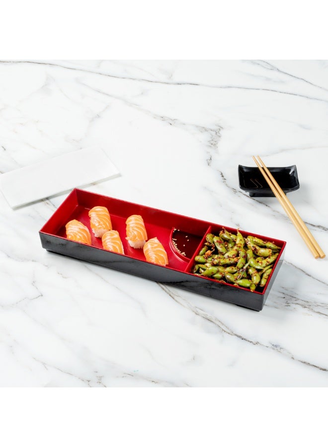 Restaurantware صينية غداء بنتو تيك 13.9 × 4.6 × 1.7 بوصة مع أقسام، صينية غداء يابانية للبالغين - مع 3 أقسام، قابلة لإعادة الاستخدام، بلاستيك أسود وأحمر، صينية وجبة مفصولة، للطعام الساخن والبارد - Image 4