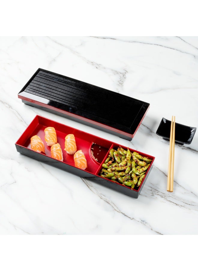 Restaurantware صينية غداء بنتو تيك 13.9 × 4.6 × 1.7 بوصة مع أقسام، صينية غداء يابانية للبالغين - مع 3 أقسام، قابلة لإعادة الاستخدام، بلاستيك أسود وأحمر، صينية وجبة مفصولة، للطعام الساخن والبارد - Image 3