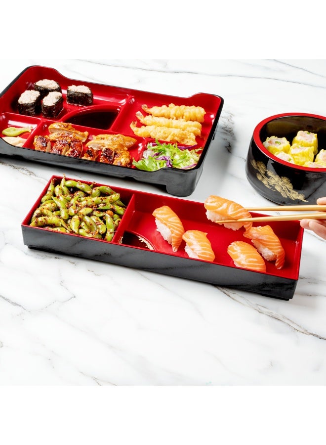 Restaurantware صينية غداء بنتو تيك 13.9 × 4.6 × 1.7 بوصة مع أقسام، صينية غداء يابانية للبالغين - مع 3 أقسام، قابلة لإعادة الاستخدام، بلاستيك أسود وأحمر، صينية وجبة مفصولة، للطعام الساخن والبارد - Image 5