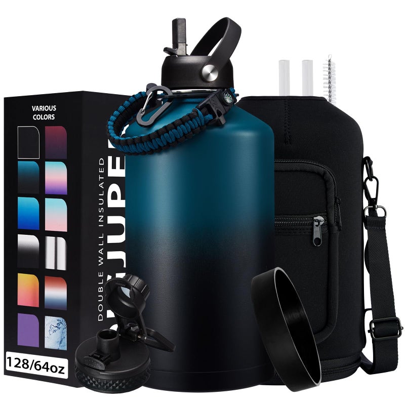 1 Gallon Water Bottle Stainless Steel 128oz Insulated Flask Water Bottle with Sleeve Strap Big Water Jug with Straw Spout Lid Gym Camping Gallon Water Bottle wParacord Handle protective Boot