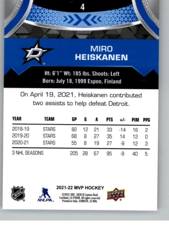 Upper Deck Miro Heiskanen 2021-22 Upper Deck MVP Blue #4 NM+-MT+ NHL Hockey Stars - Image 2