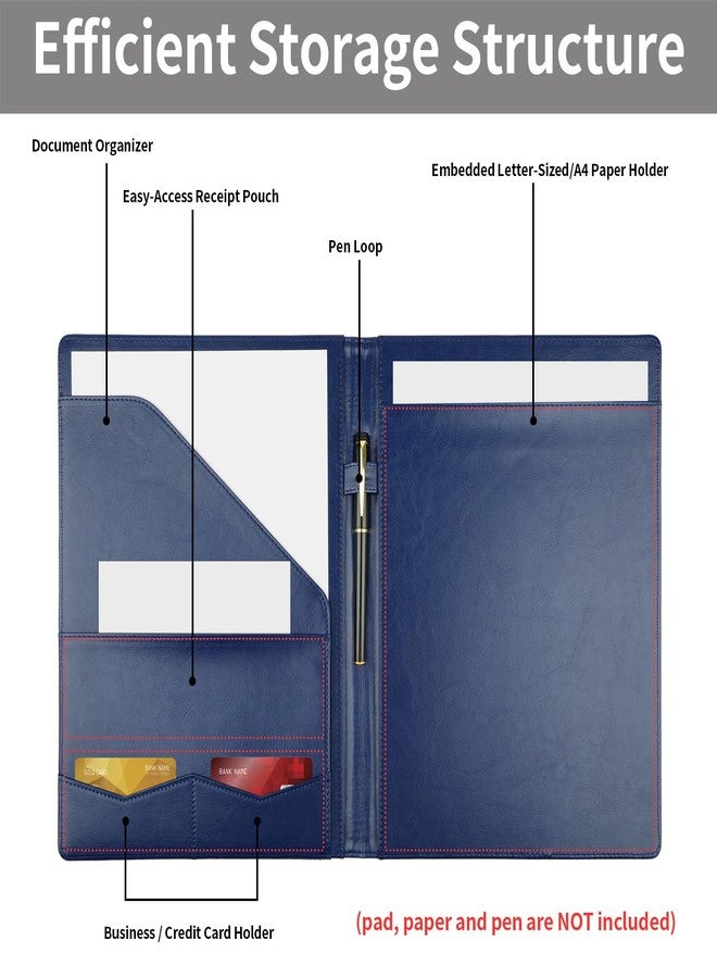 MOWPOG Professional Padfolio Portfolio Binder, Faux Leather Interview Resume Folder, Letter Size A4 Legal Writing Pad Holder, Document Organizer for Business School Office Conference (Blue) - Image 3