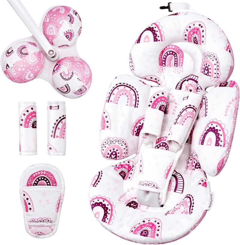 وسادة للرضع متوافقة مع أرجوحة Mamaroo من 4moms ومقعد السيارة للرضع، تشمل 3 ألعاب بديلة، وسادة قابلة للتحويل للأطفال حديثي الولادة للاستخدام في الأرجوحة أو عربة الأطفال أو الكرسي المرتد، مصنوعة من قماش ناعم بلون بنفسجي رقيق مع نقوش قوس قزح. - Image 1