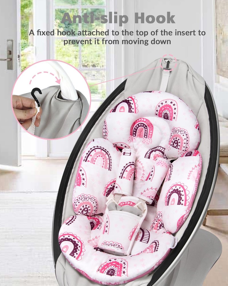 وسادة للرضع متوافقة مع أرجوحة Mamaroo من 4moms ومقعد السيارة للرضع، تشمل 3 ألعاب بديلة، وسادة قابلة للتحويل للأطفال حديثي الولادة للاستخدام في الأرجوحة أو عربة الأطفال أو الكرسي المرتد، مصنوعة من قماش ناعم بلون بنفسجي رقيق مع نقوش قوس قزح. - Image 5