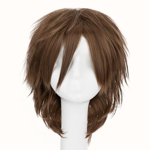 S-noilite Snoilite Unisex Short Brown Cosplay Wig Women Mens Anime Costume Full Wigs Short Fluffy Layered Pixie Wig Synthetic Hair for Halloween Costume Comiccon Party Light Brown - Image 3
